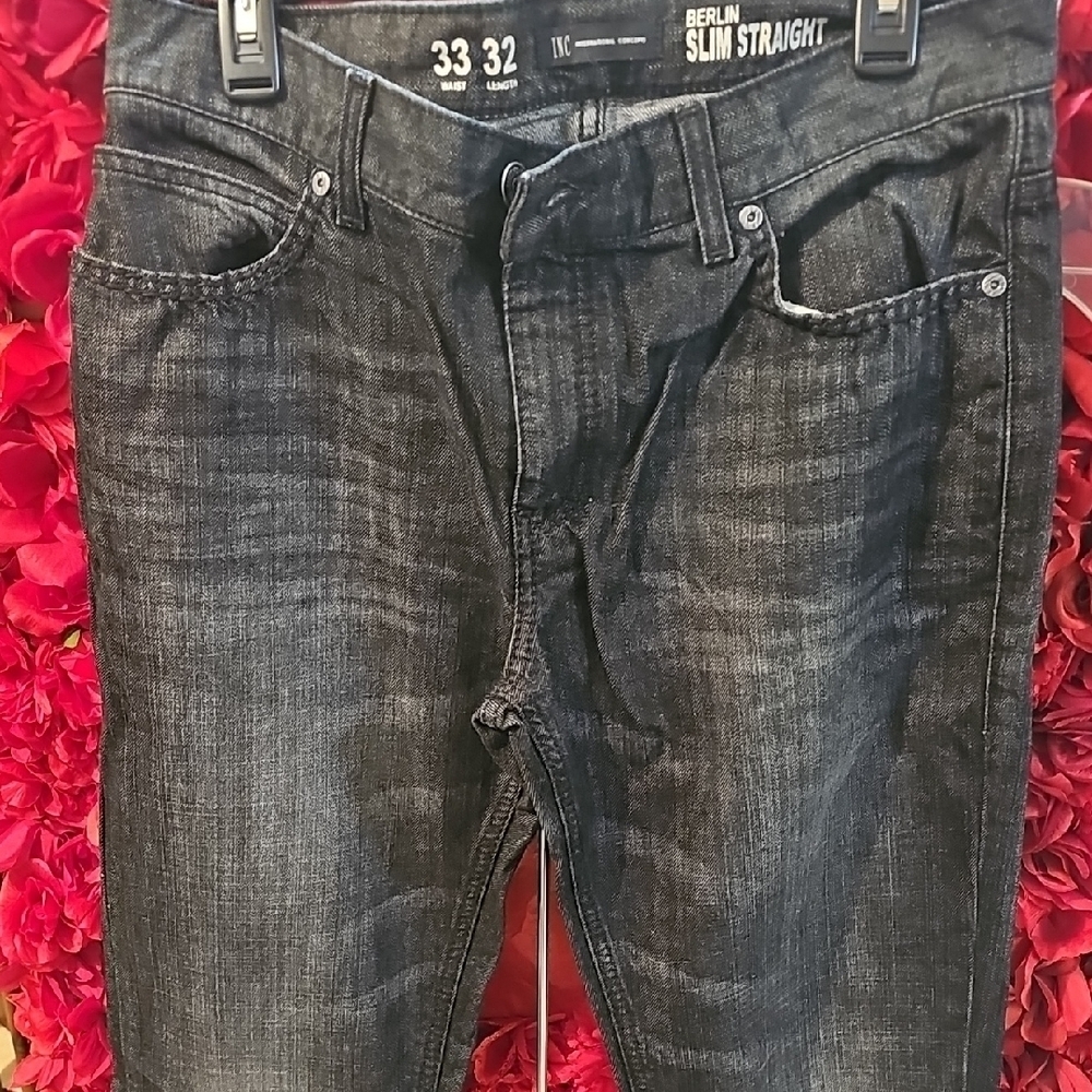 International Concepts Men's Berlin Slim Straight Blue Jeans Black Detail Sz 33